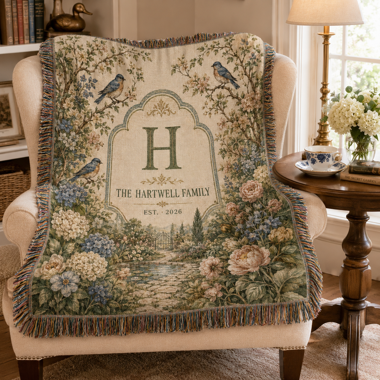 Personalized bird and flower woven blanket draped over a reading chair