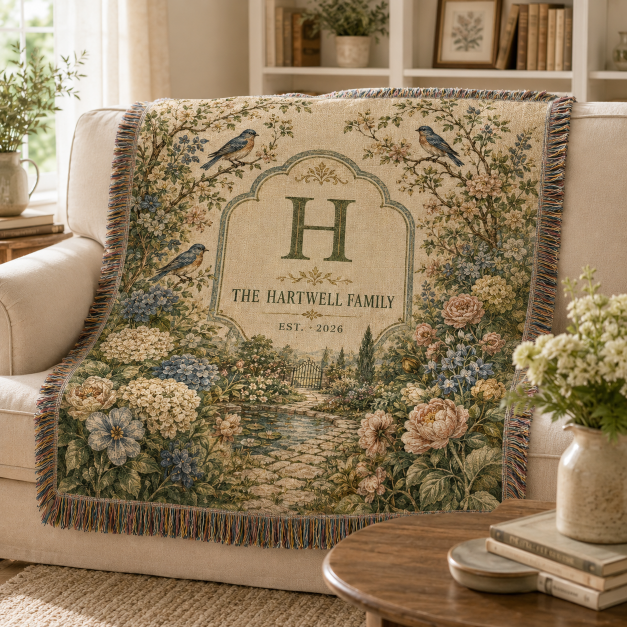 Personalized botanical family woven blanket styled on a neutral living room sofa