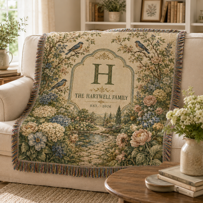 Personalized botanical family woven blanket styled on a neutral living room sofa