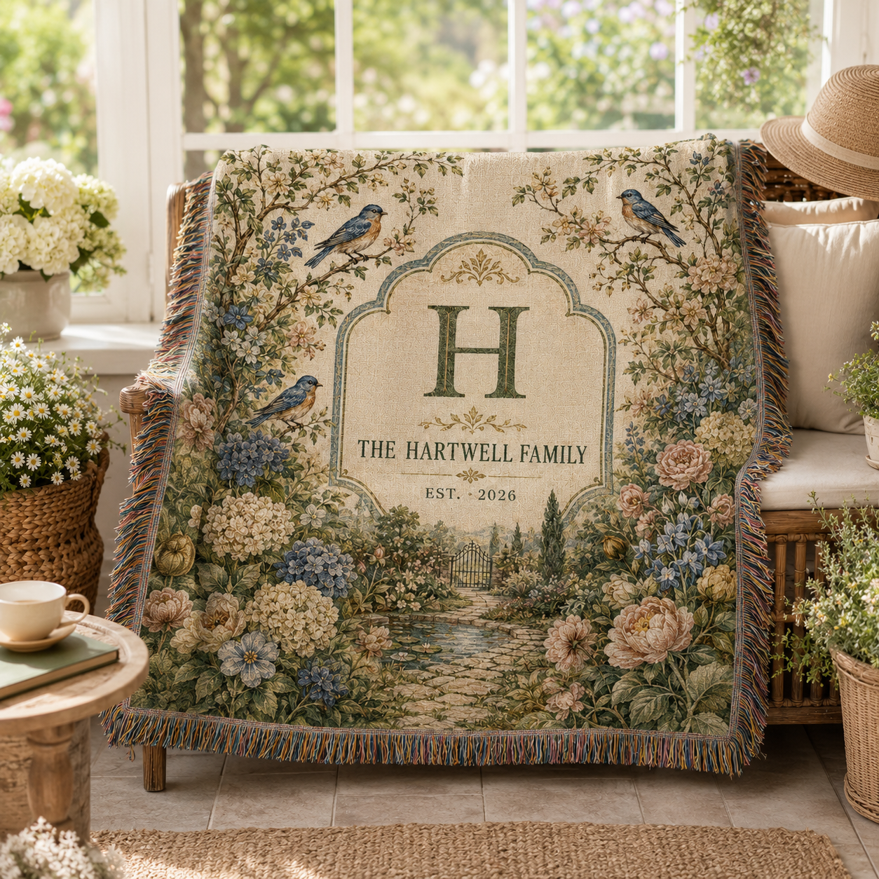 Personalized garden woven blanket styled in a bright flower-filled sunroom