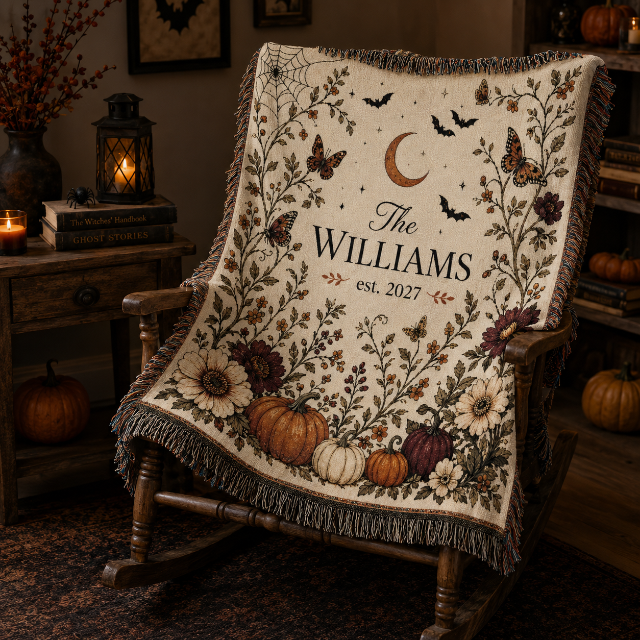 Personalized family name Halloween woven blanket draped over a wooden rocking chair in a candlelit reading nook