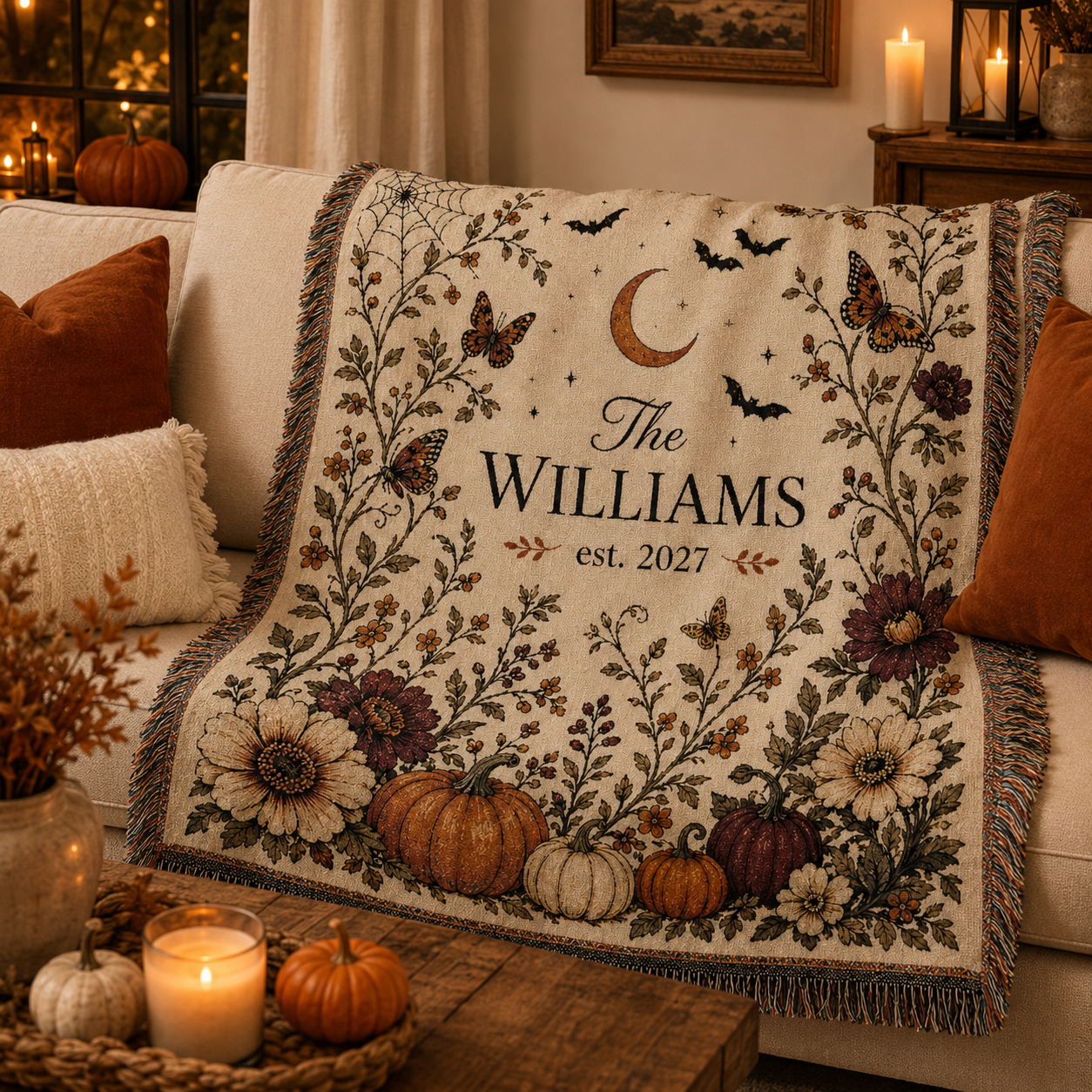 Personalized family name Halloween woven blanket styled on a cozy autumn sofa with candles and pumpkins