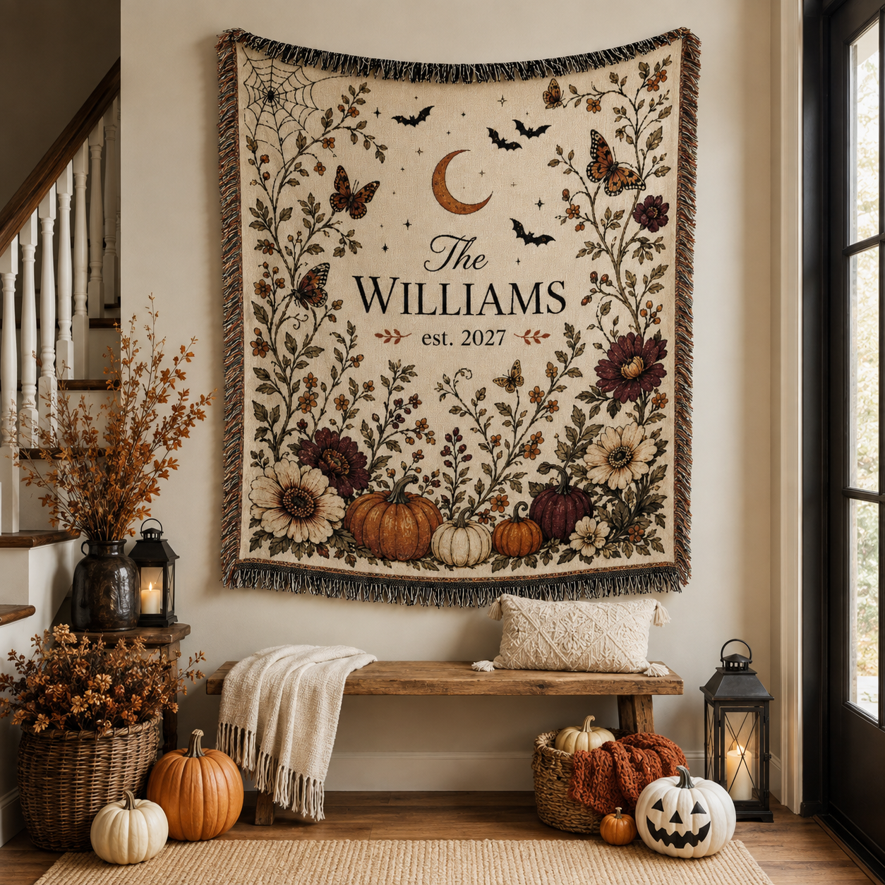 Personalized Halloween family name woven blanket displayed as botanical wall tapestry with pumpkins and lanterns
