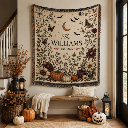 Personalized Halloween family name woven blanket displayed as botanical wall tapestry with pumpkins and lanterns