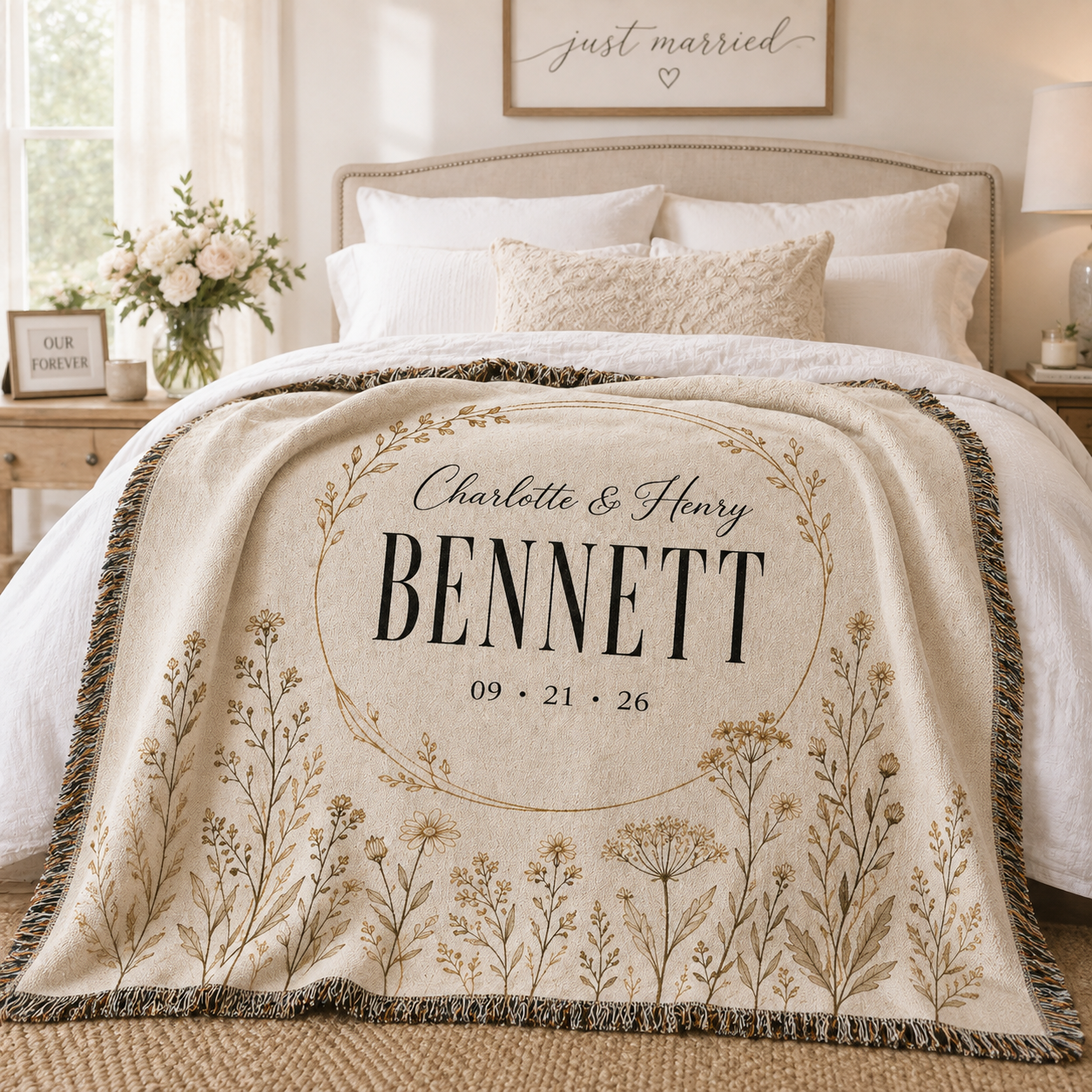 Personalized family name wedding woven blanket styled across a romantic bedroom