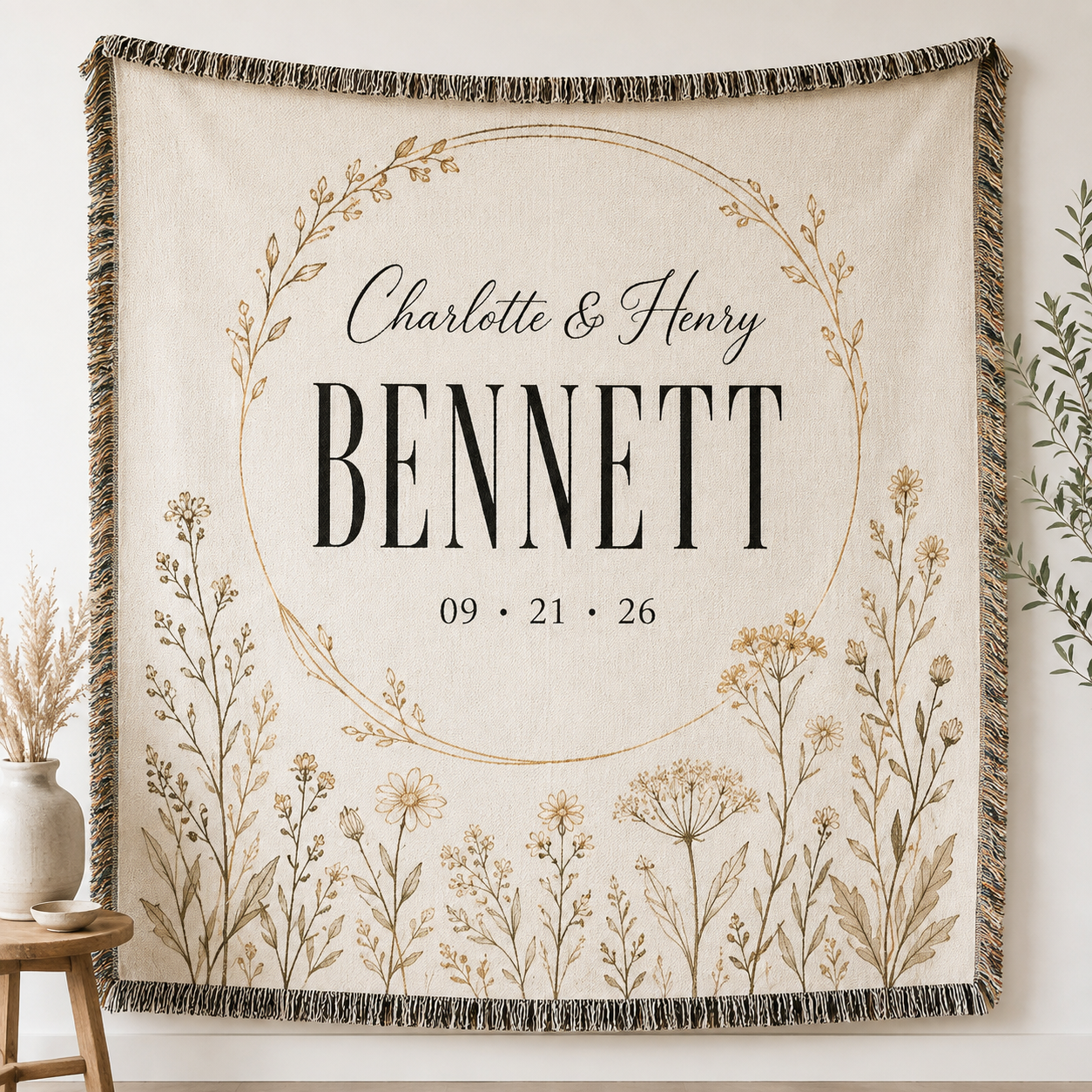 Personalized family name wedding woven blanket with custom couple names, surname and date