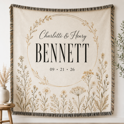 Personalized family name wedding woven blanket with custom couple names, surname and date
