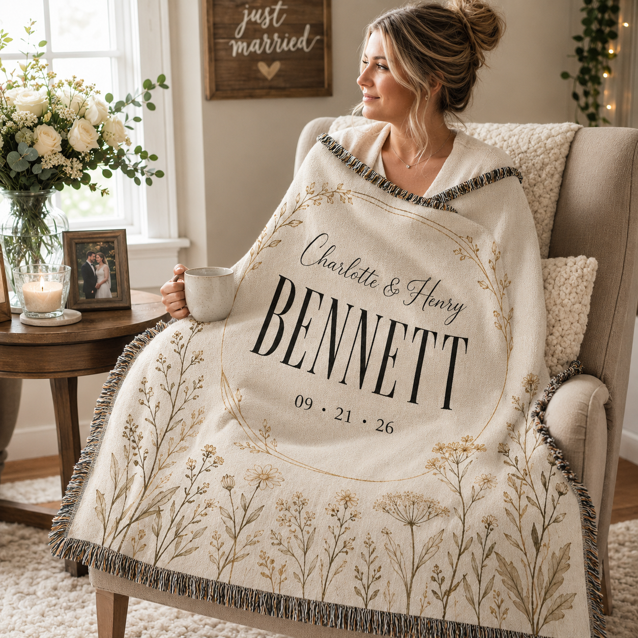 Personalized family name wedding woven blanket used in a cozy reading nook