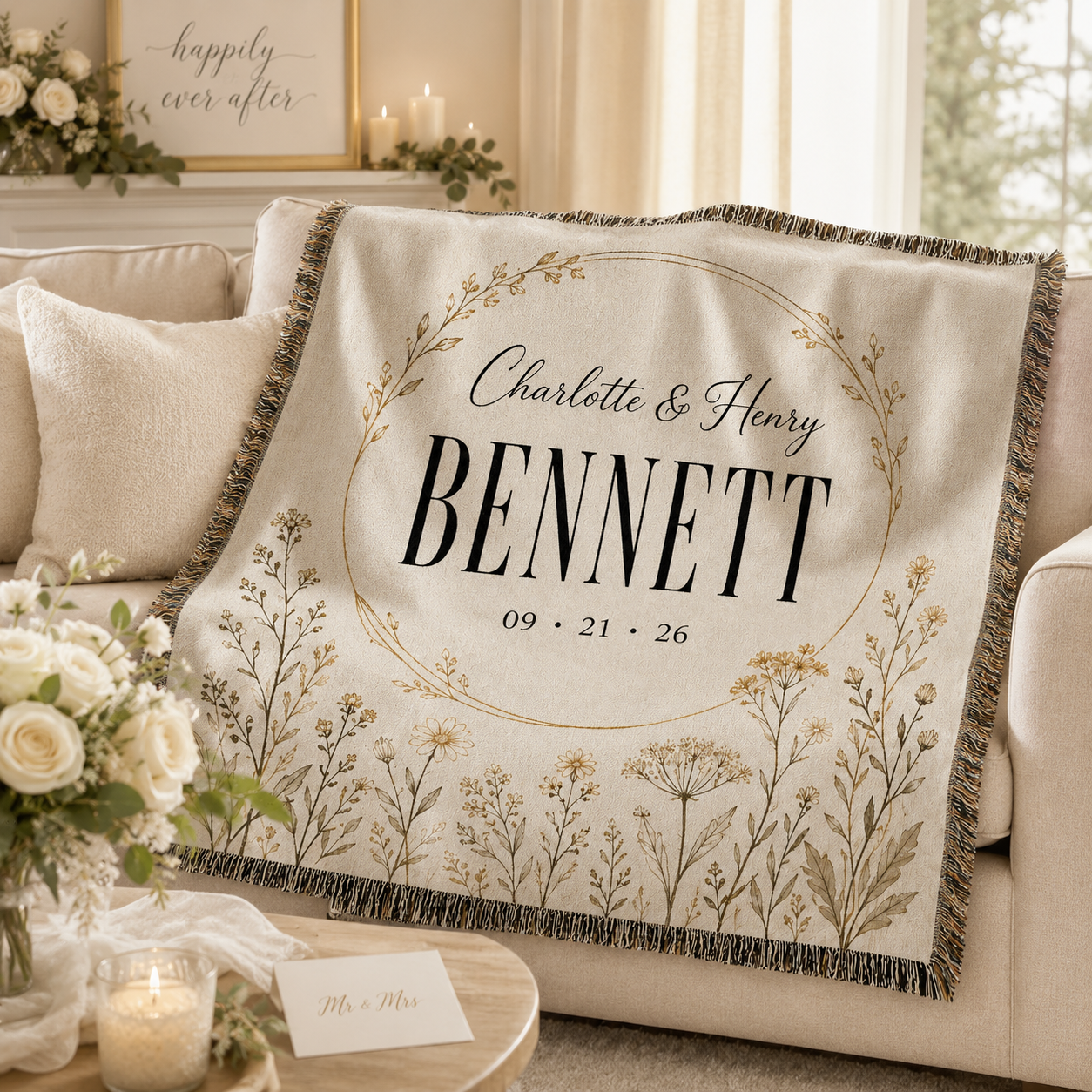 Personalized family name wedding woven blanket softly draped on a neutral sofa