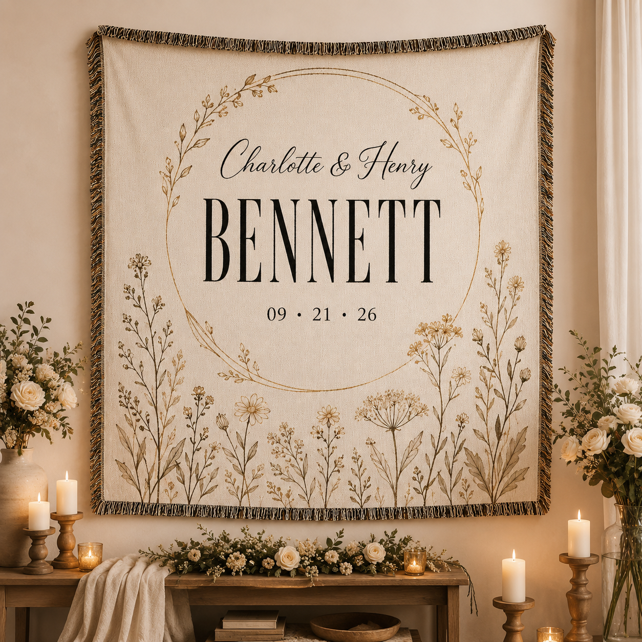 Personalized family name wedding woven blanket displayed as romantic wall decor