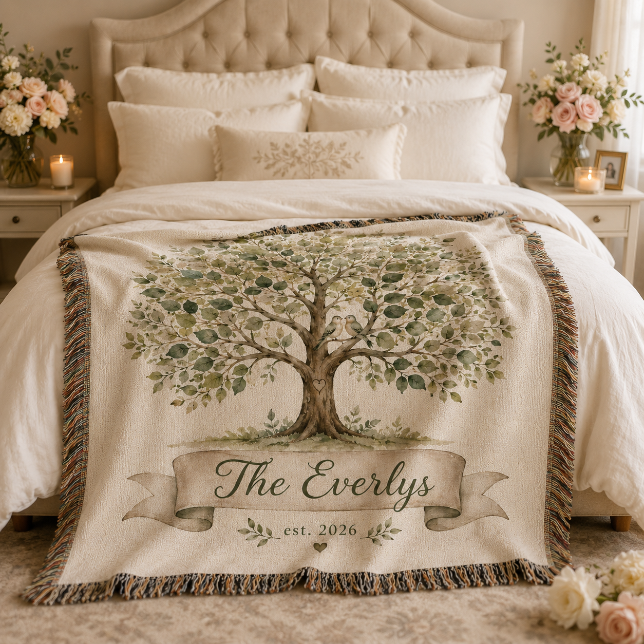 Personalized family tree wedding woven blanket styled across a romantic bedroom