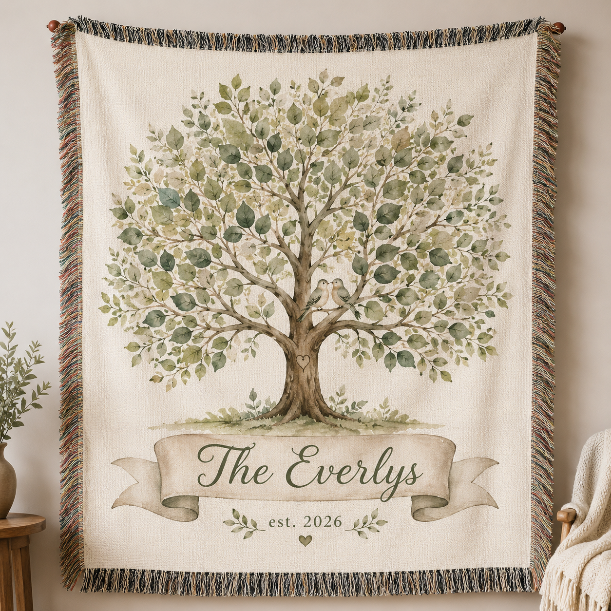 Personalized family tree wedding woven blanket with custom last name and established year