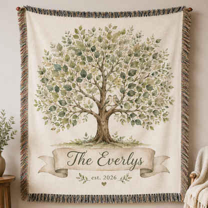 Personalized family tree wedding woven blanket with custom last name and established year