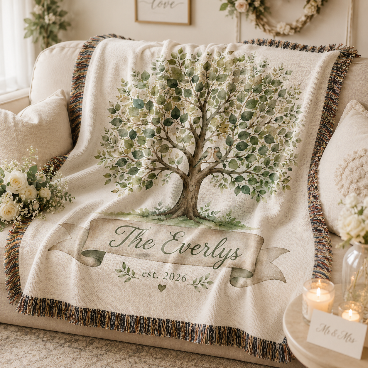 Personalized family tree wedding woven blanket softly draped on a sofa