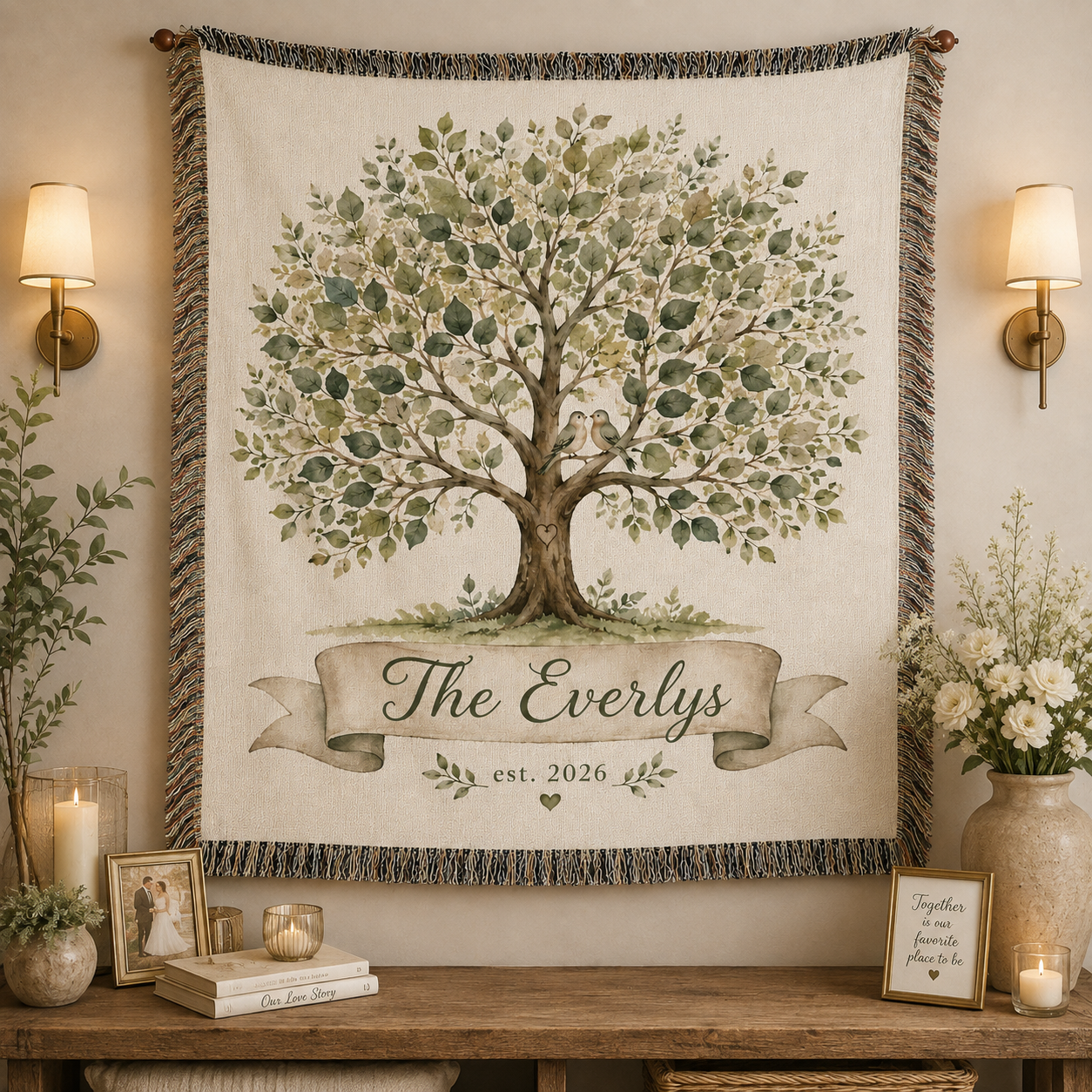 Personalized family tree wedding woven blanket displayed as wall decor