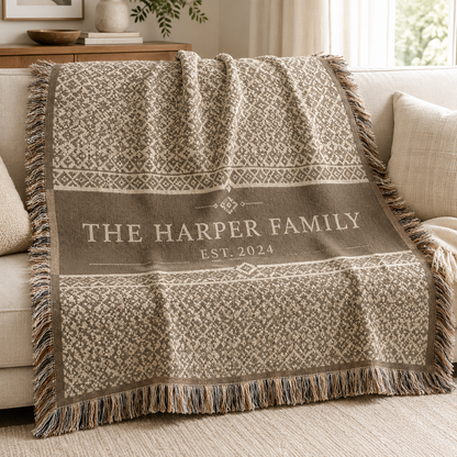Personalized family woven blanket full design view on sofa