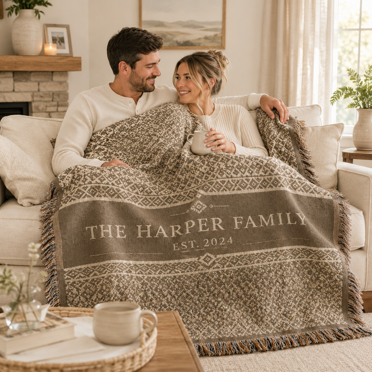 Personalized family woven blanket used by a couple on a cozy sofa