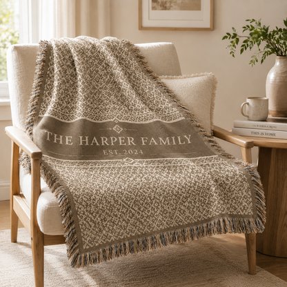 Personalized family woven blanket draped on a neutral reading chair