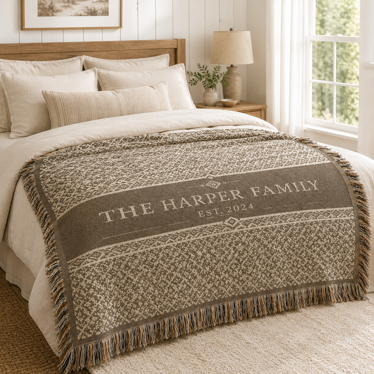 Personalized family woven blanket styled on a bright neutral bedroom bed