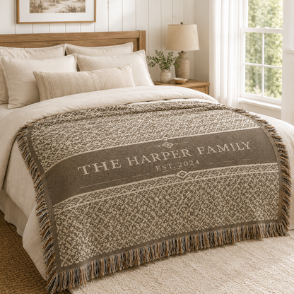 Personalized family woven blanket styled on a bright neutral bedroom bed