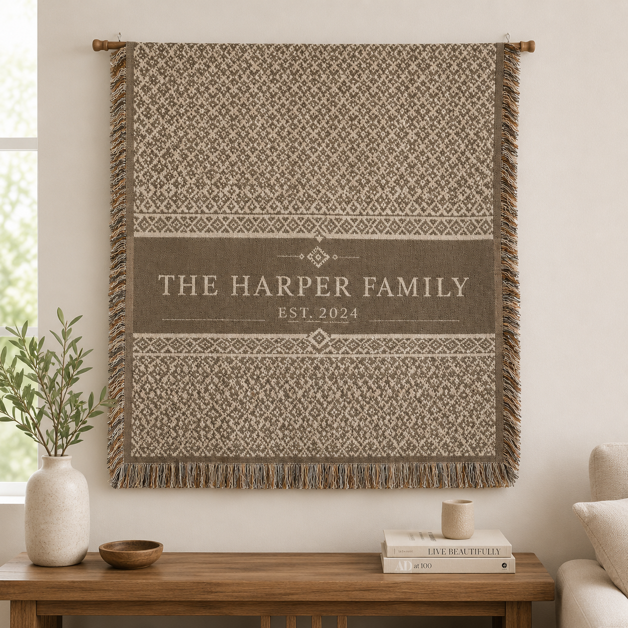 Personalized family woven blanket displayed as minimalist wall tapestry