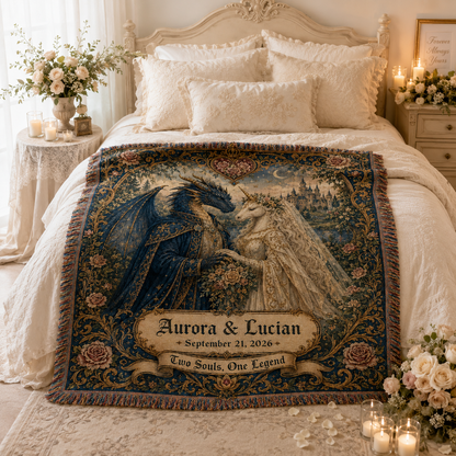 Personalized fantasy wedding woven blanket styled across a romantic bedroom bed