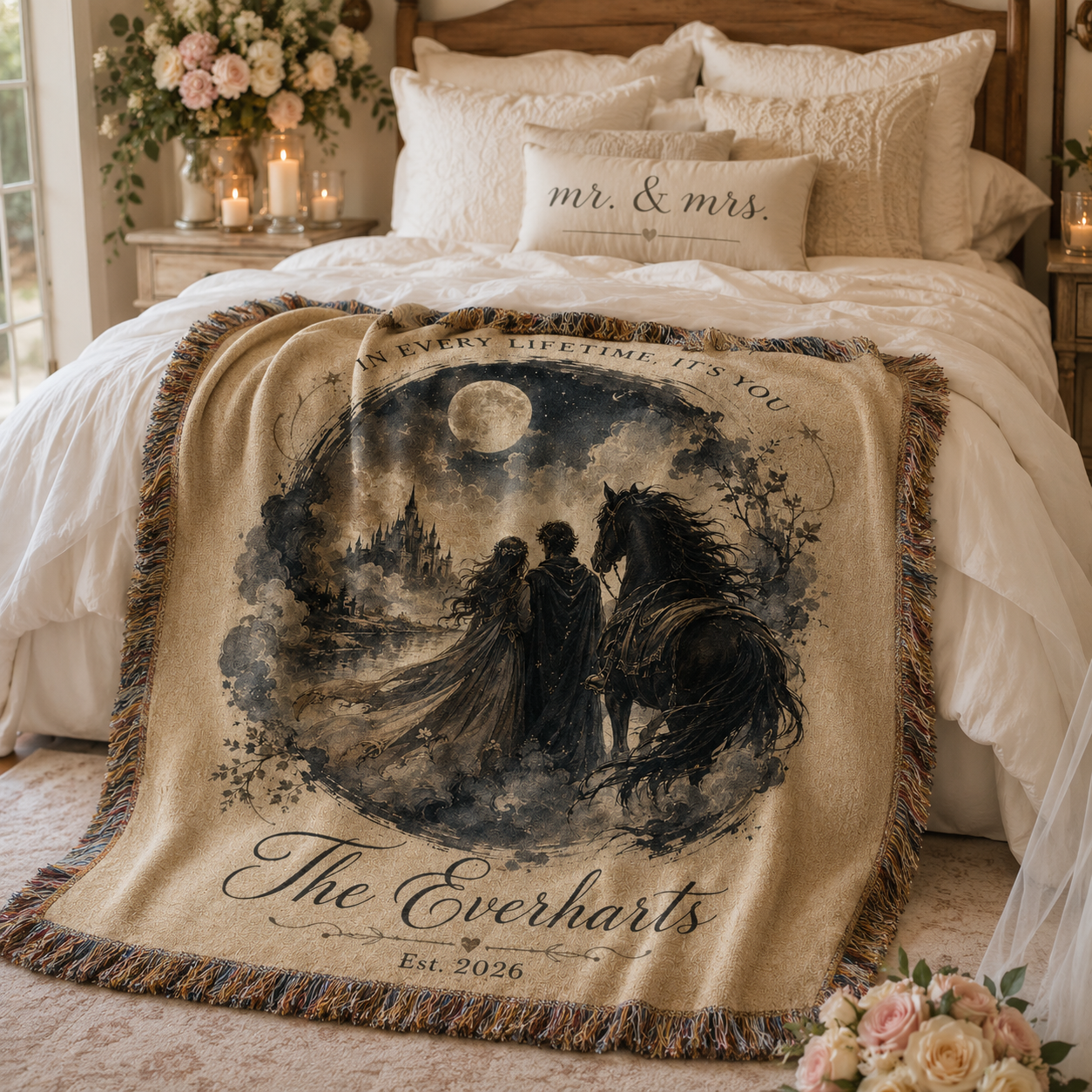 Personalized fantasy wedding woven blanket styled across a romantic bedroom bed