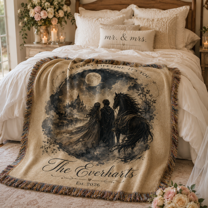 Personalized fantasy wedding woven blanket styled across a romantic bedroom bed