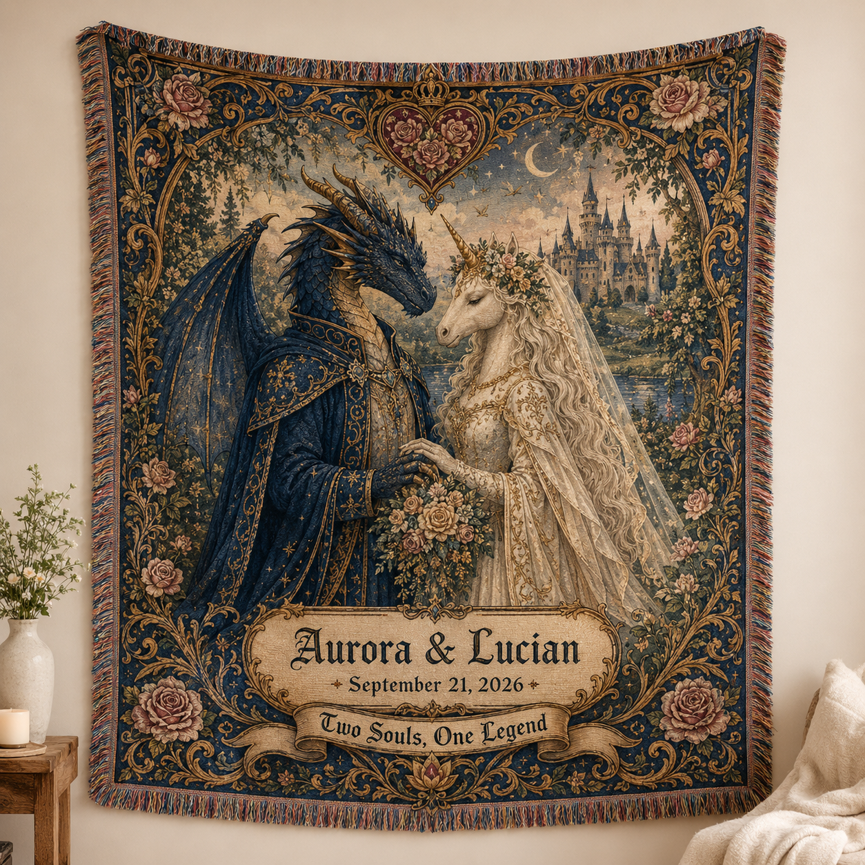 Personalized fantasy wedding woven blanket with dragon and unicorn couple, custom names and date