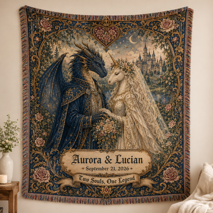 Personalized fantasy wedding woven blanket with dragon and unicorn couple, custom names and date