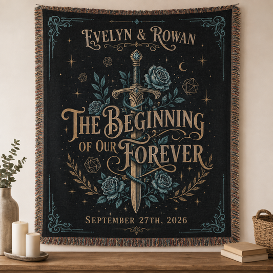 Personalized fantasy wedding woven blanket with Evelyn and Rowan names, sword, roses, celestial details and wedding date