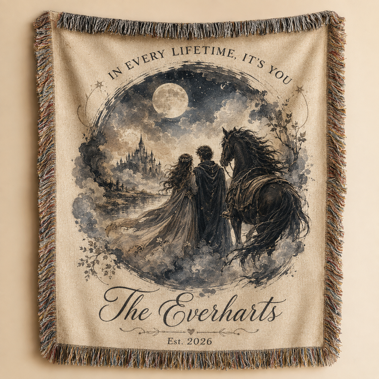 Personalized fantasy wedding woven blanket with custom family name and established year