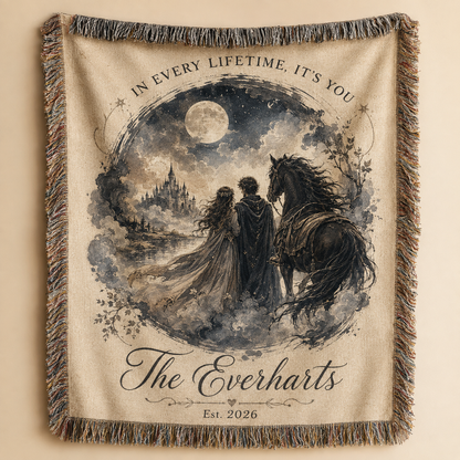 Personalized fantasy wedding woven blanket with custom family name and established year