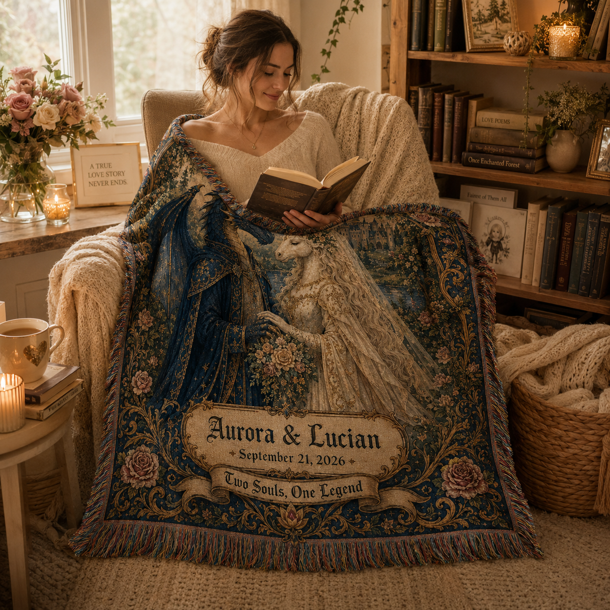 Personalized fantasy wedding woven blanket used in a cozy reading nook