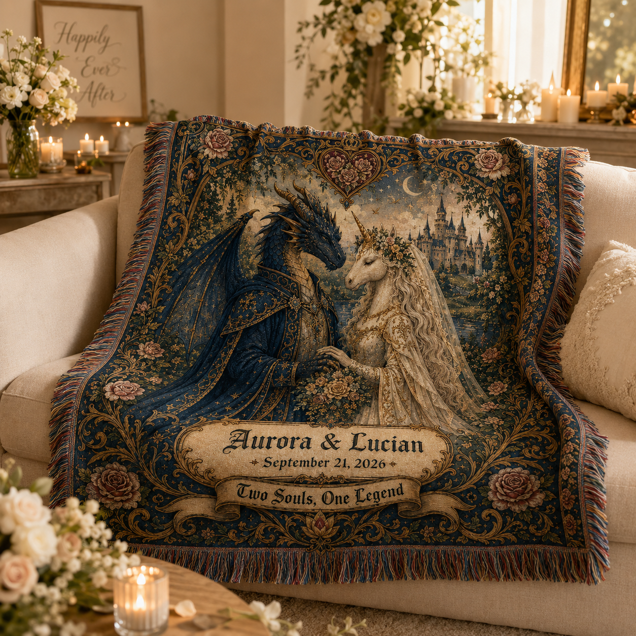 Personalized fantasy wedding woven blanket softly draped on a sofa