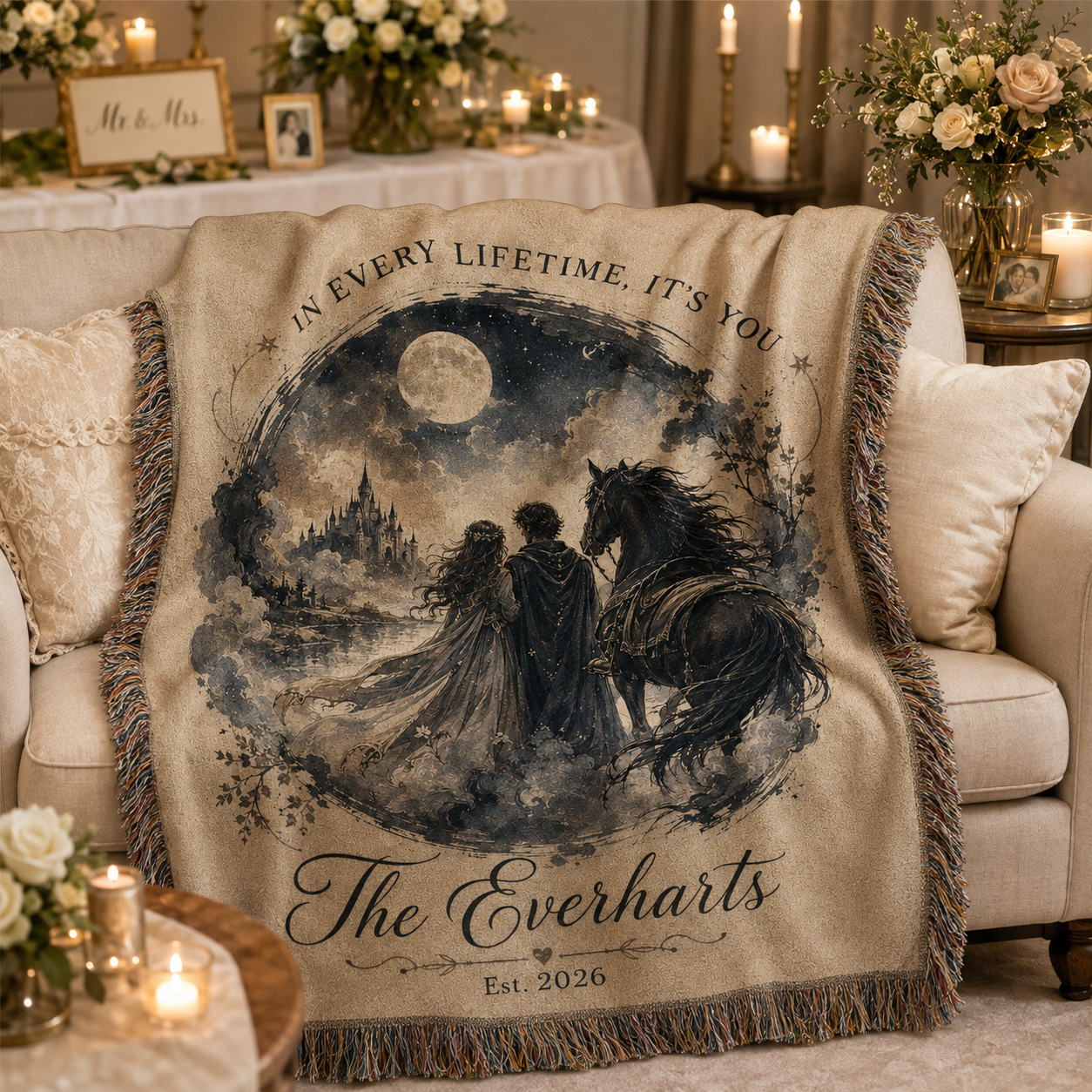 Personalized fantasy wedding woven blanket softly draped on a romantic neutral sofa