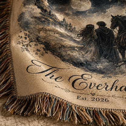 Macro detail of woven texture and multicolor fringe on personalized fantasy wedding blanket