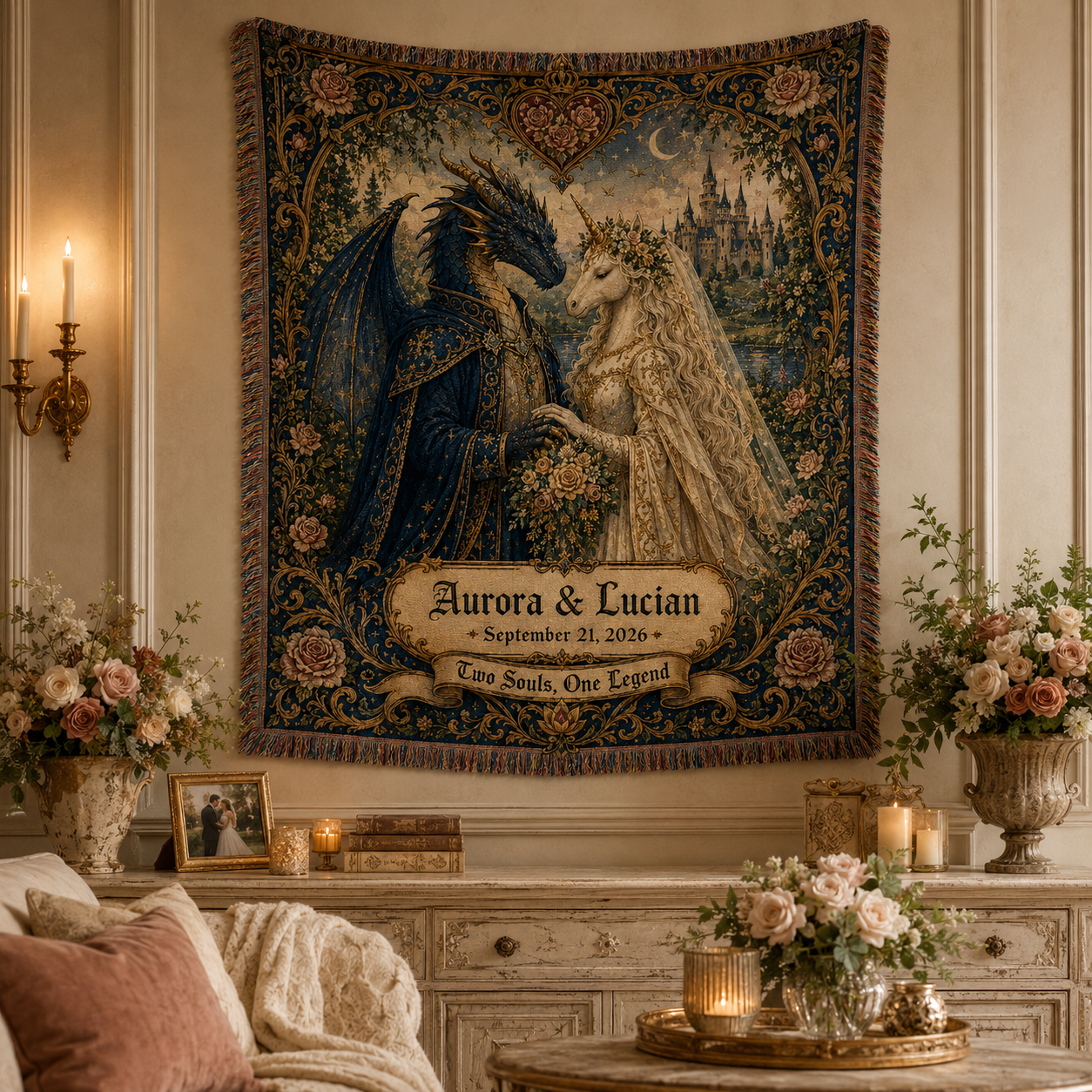 Personalized fantasy wedding woven blanket displayed as romantic wall decor