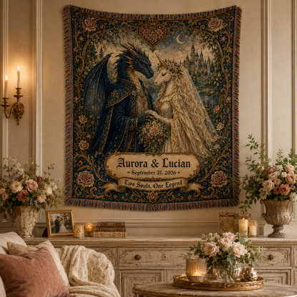 Personalized fantasy wedding woven blanket displayed as romantic wall decor