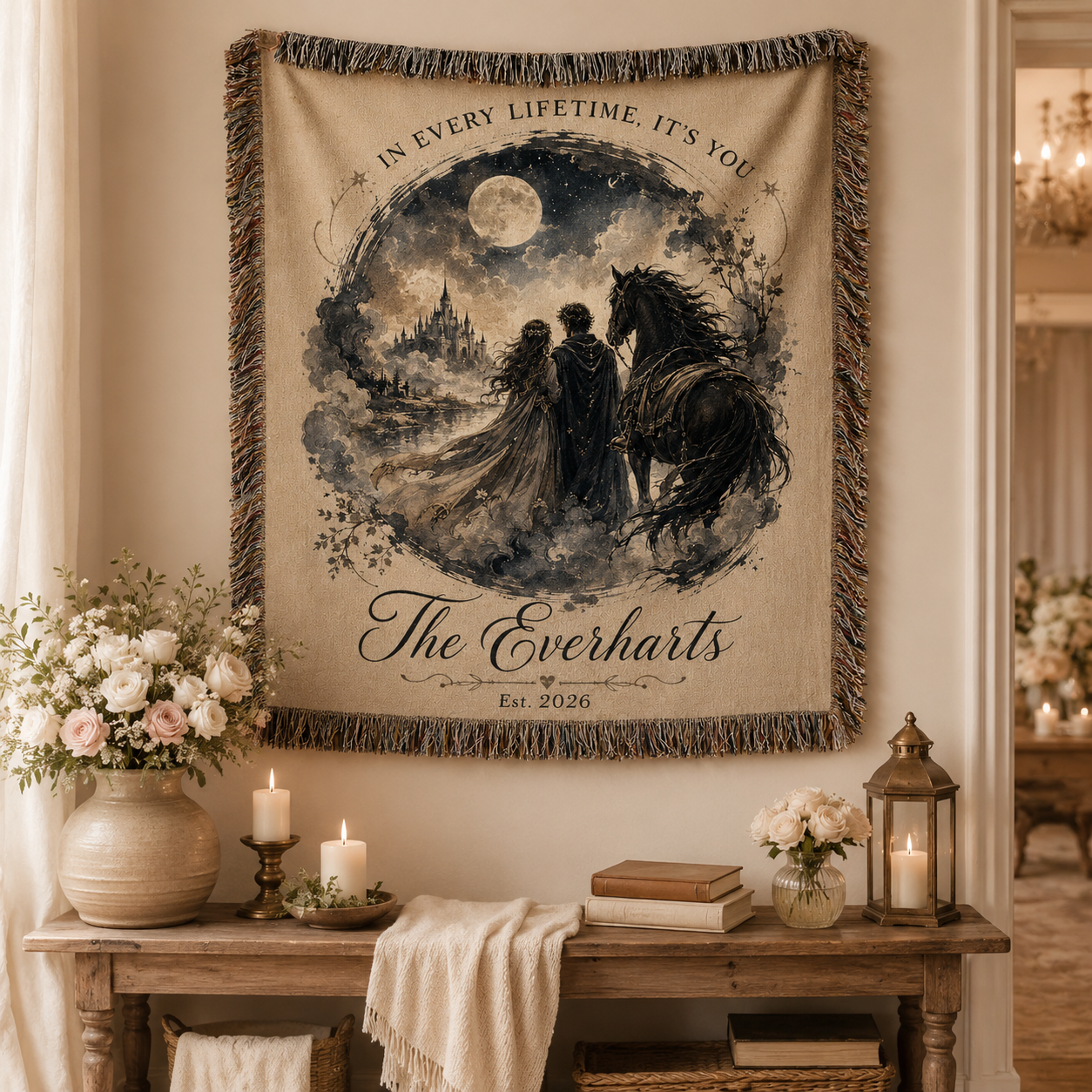 Personalized fantasy wedding woven blanket displayed as romantic wall decor