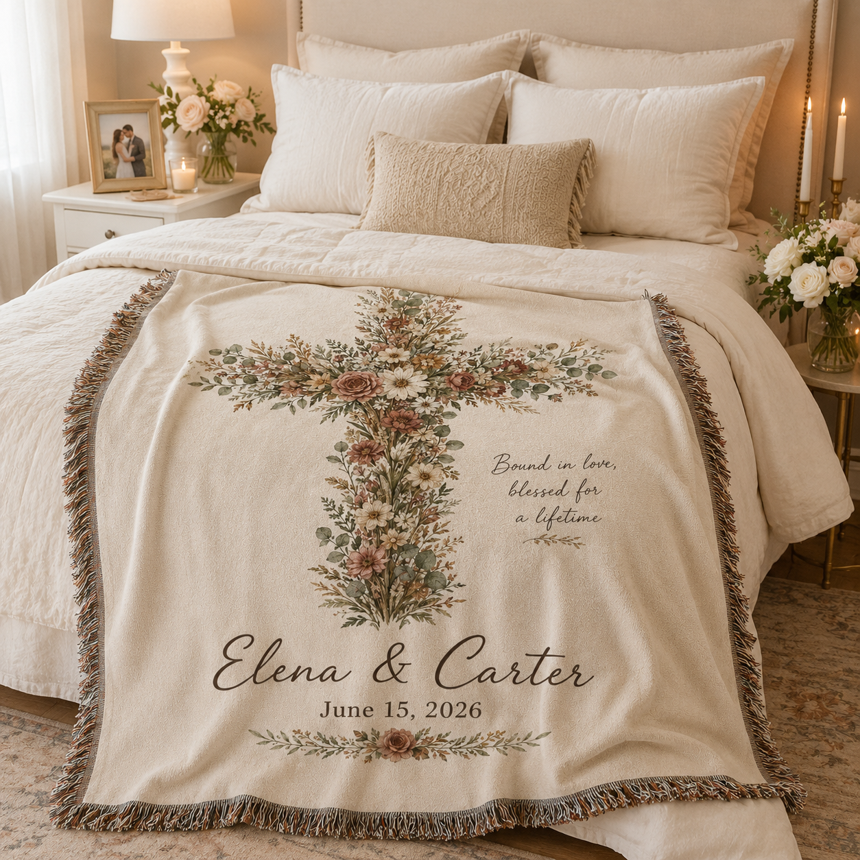 Personalized floral cross wedding woven blanket styled across a romantic bedroom bed