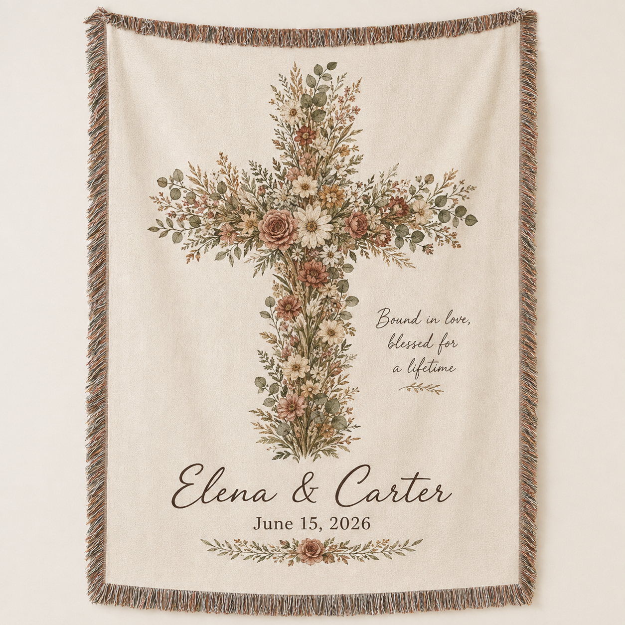 Personalized floral cross wedding woven blanket with custom couple names and wedding date