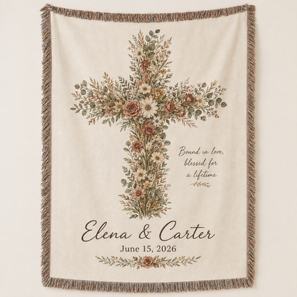 Personalized floral cross wedding woven blanket with custom couple names and wedding date