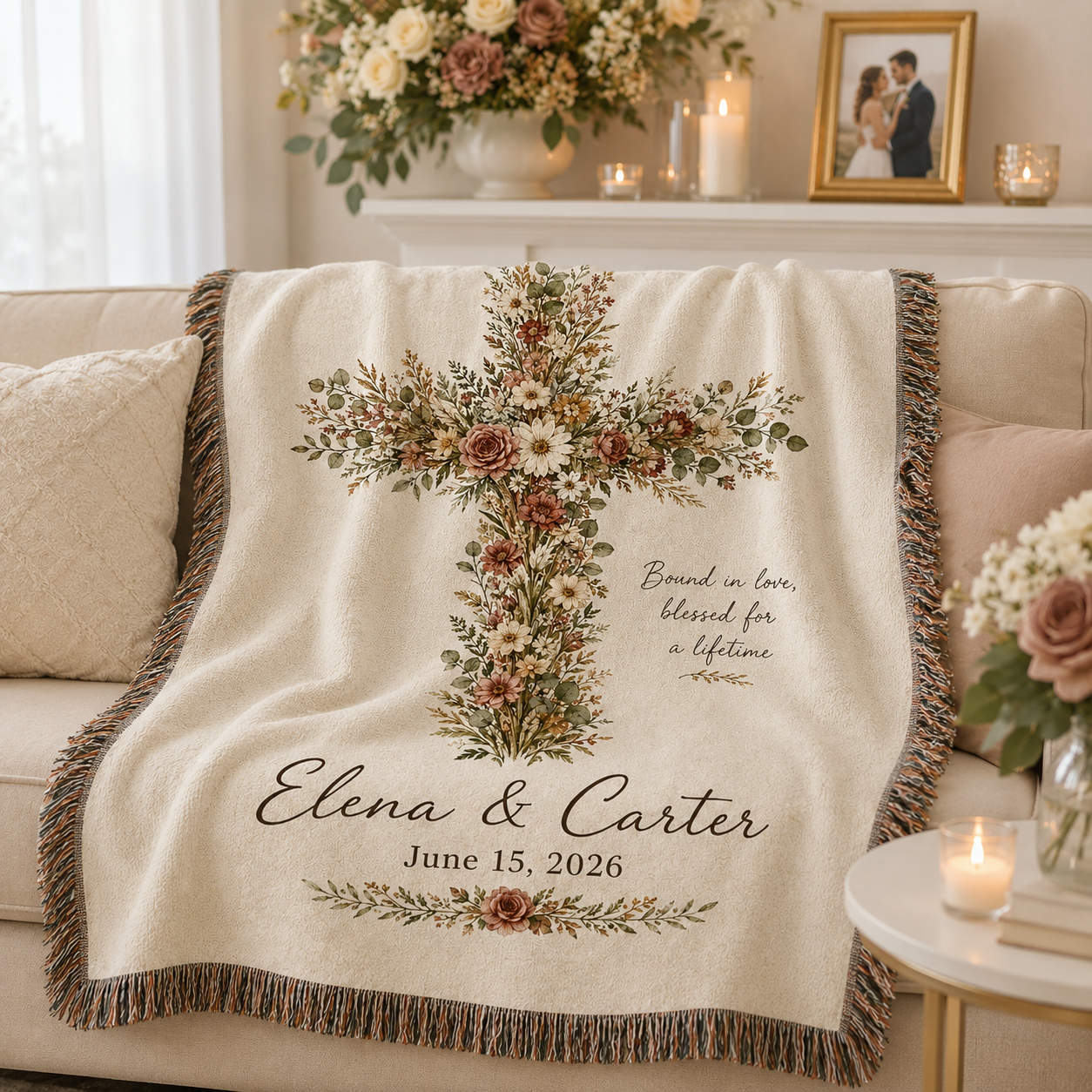Personalized floral cross wedding woven blanket softly draped on a sofa