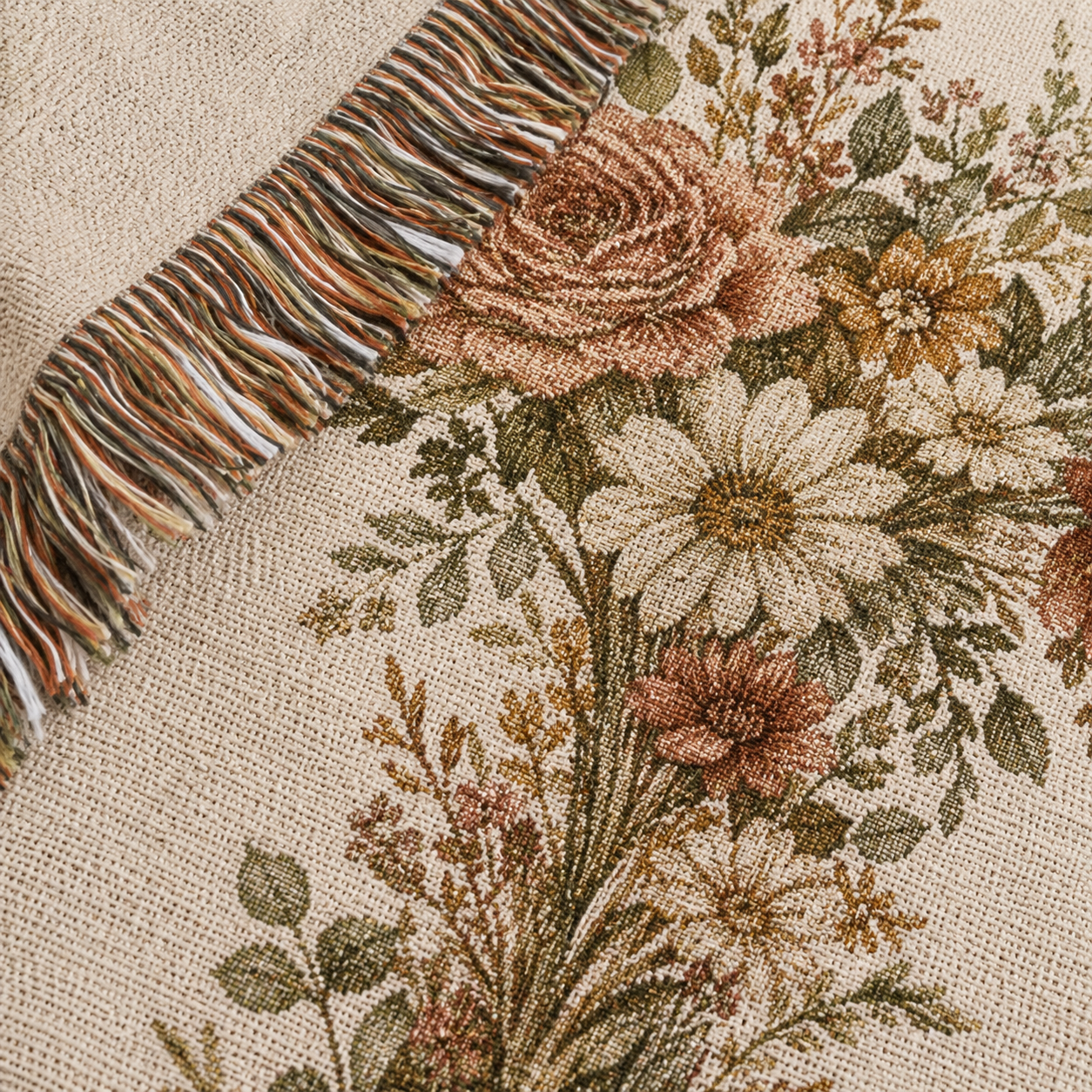 Macro woven texture and multicolor fringe detail of personalized floral cross wedding blanket