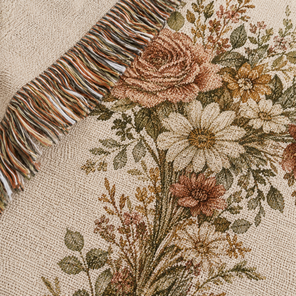 Macro woven texture and multicolor fringe detail of personalized floral cross wedding blanket