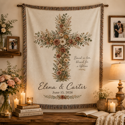 Personalized floral cross wedding woven blanket displayed as romantic wall decor