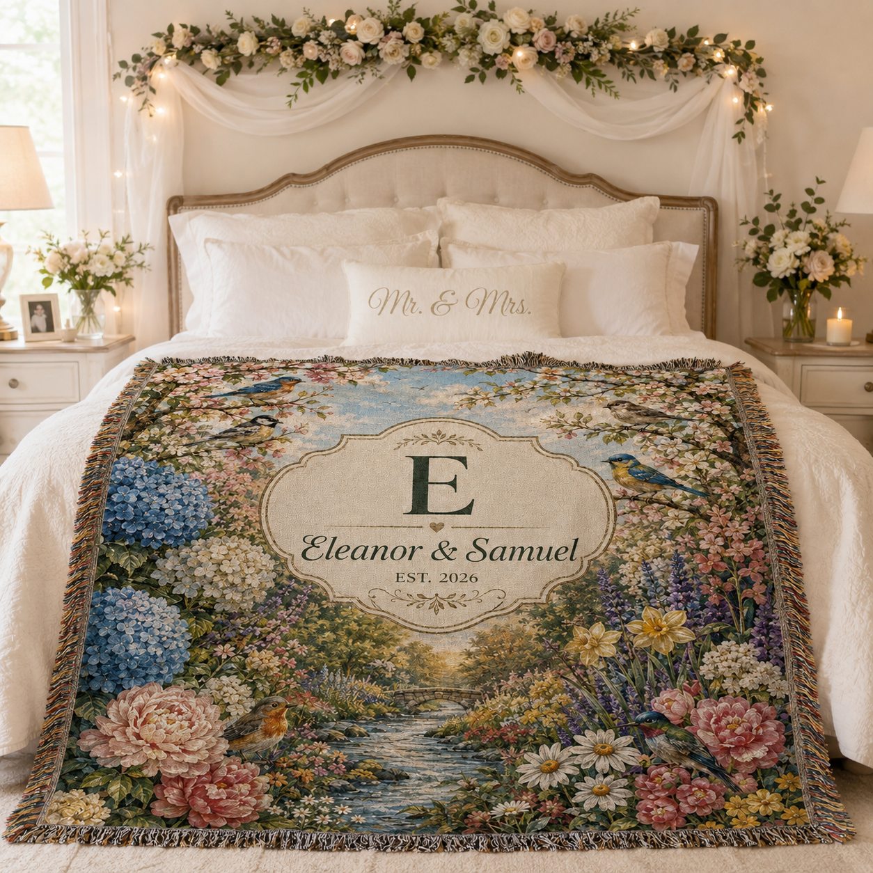 Personalized floral garden wedding woven blanket styled across a romantic bedroom bed