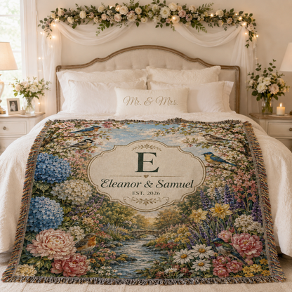Personalized floral garden wedding woven blanket styled across a romantic bedroom bed