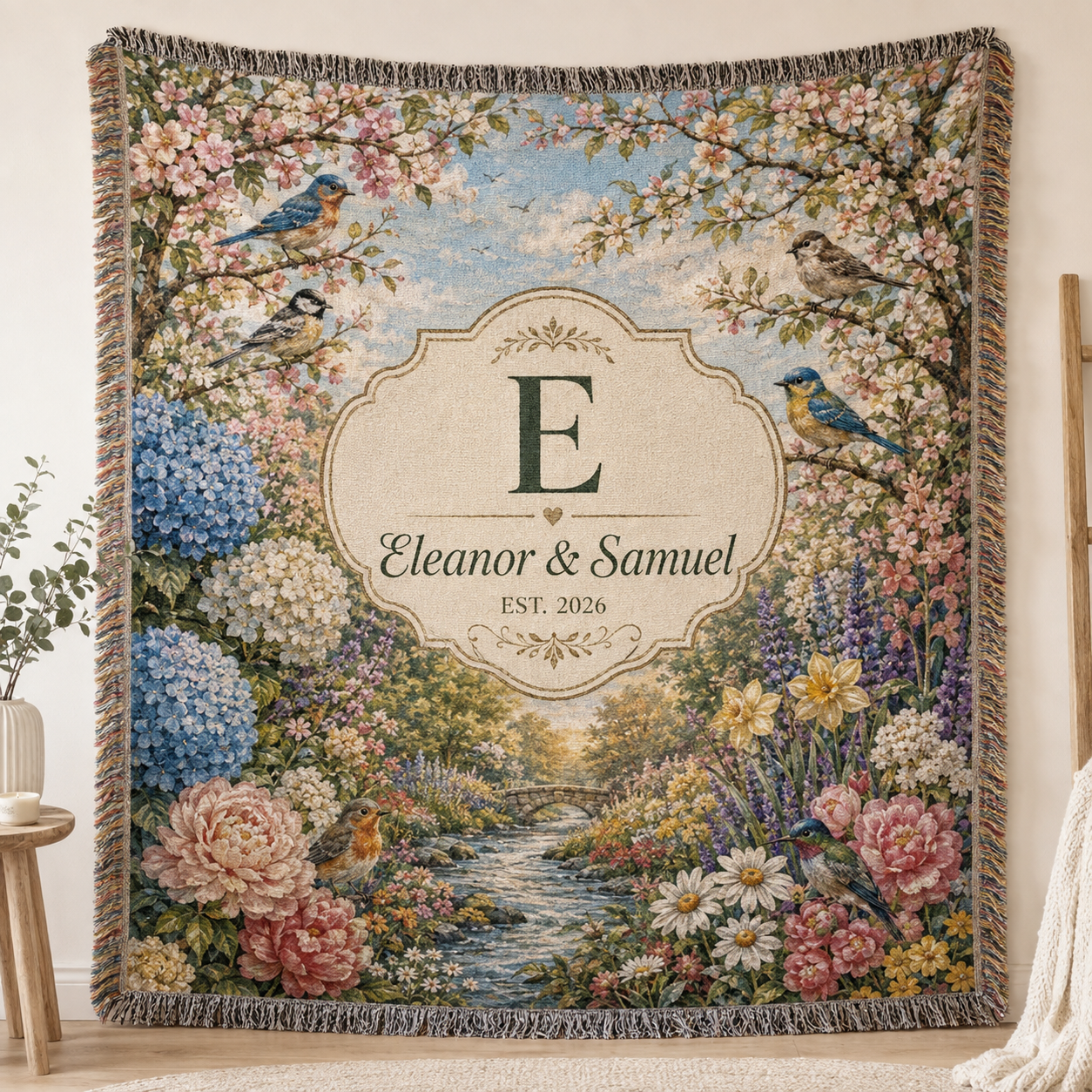 Personalized wedding woven blanket with custom monogram, couple names, spring garden flowers and birds